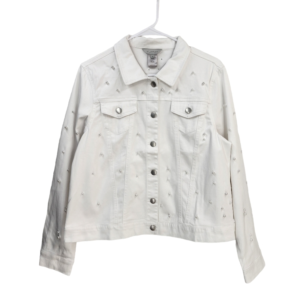 Multiples Women's White Pearl Studded Jean Jacket - M